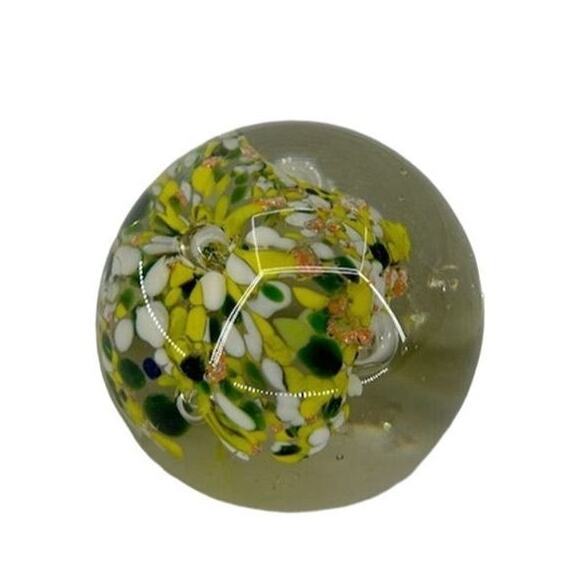 Vintage Yellow Floral Art Glass Paperweight White Accent Design - Picture 1 of 8